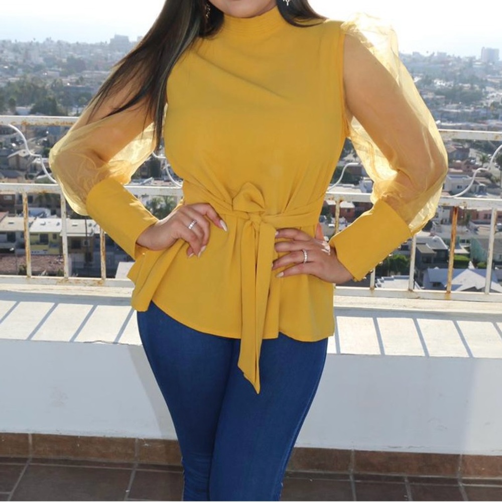 Elegant Yellow Women's Top with Sheer Sleeves - Picture 3 of 3